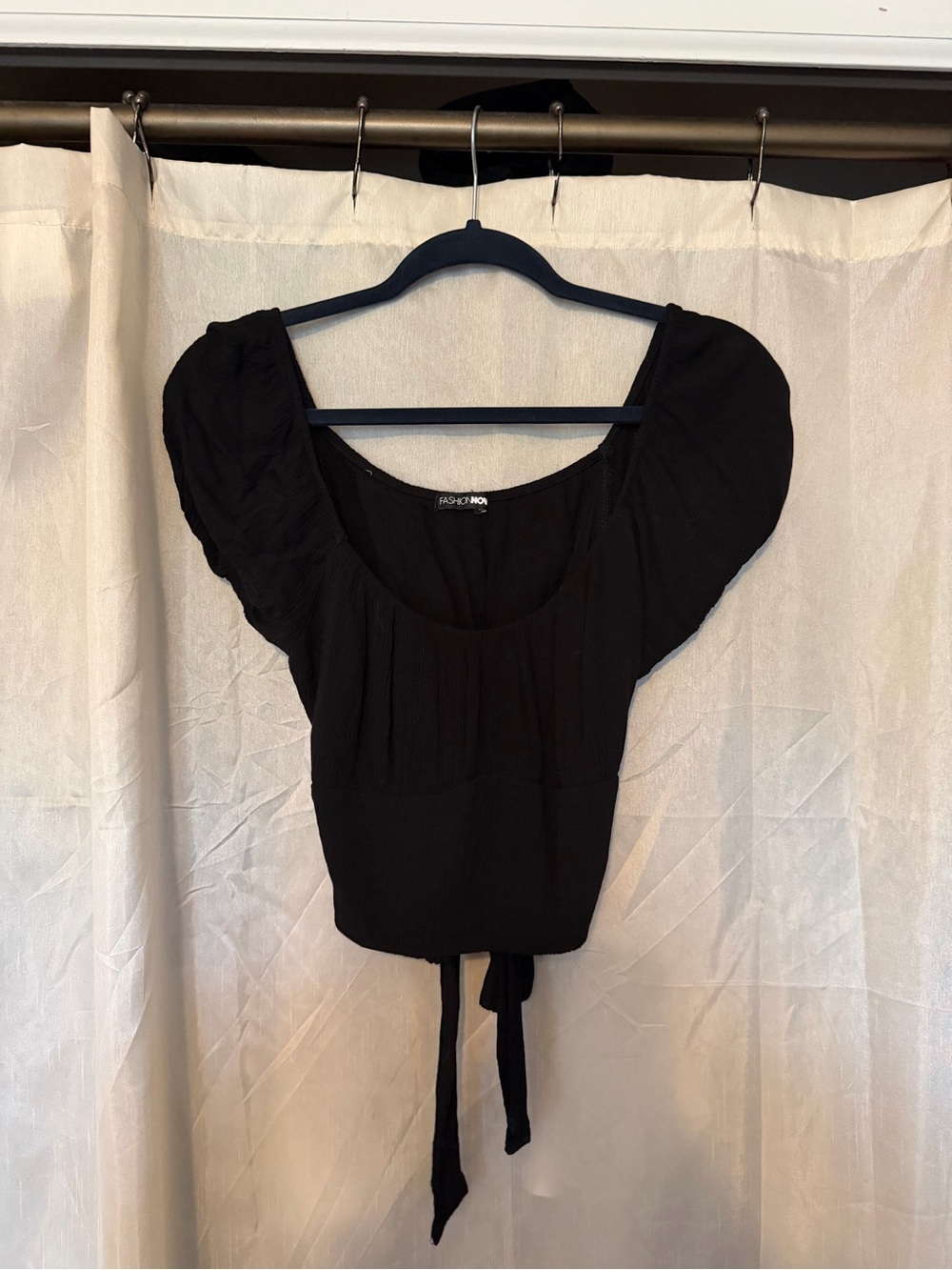 Fashion Nova Black Puff Sleeve Tie-back Top